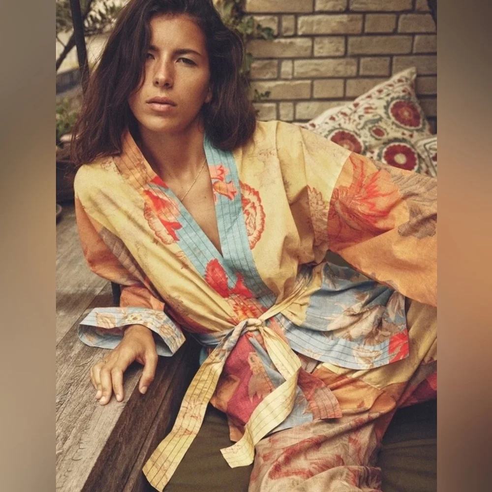ZARA Patchwork Kimono Jacket Belted SashBoho Artisan Floral Print m /L - Picture 6 of 11